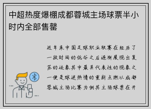 中超热度爆棚成都蓉城主场球票半小时内全部售罄